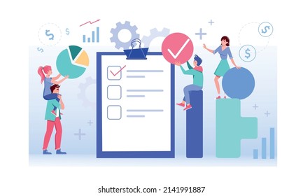 Tiny people business team fills out a checklist on clipboard paper flat vector illustration. Planning, manual report, workflow process organization and schedule concept