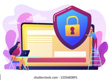 Kleine Leute Geschäftsmann mit Schild, die Daten auf Laptop schützen. Datenschutz, Datenschutzbestimmungen, Konzept des Schutzes personenbezogener Daten. Helle, lebendige violette Vektorgrafik einzeln
