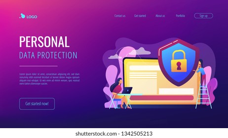 Tiny people businessman with shield protecting data on laptop. Data privacy, information privacy regulation, personal data protection concept. Website vibrant violet landing web page template.