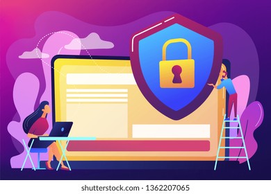 Tiny people businessman with shield protecting data on laptop. Data privacy, information privacy regulation, personal data protection concept. Bright vibrant violet vector isolated illustration