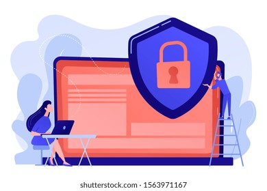 Tiny people businessman with shield protecting data on laptop. Data privacy, information privacy regulation, personal data protection concept. Pinkish coral bluevector isolated illustration