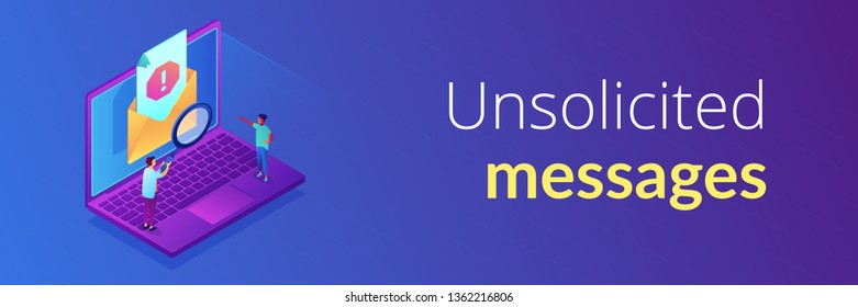 Tiny people businessmen with magnifier get advertising, malware unsolicited messages. Spam, unsolicited messages, malware spreading concept. Isometric 3D banner header template copy space.