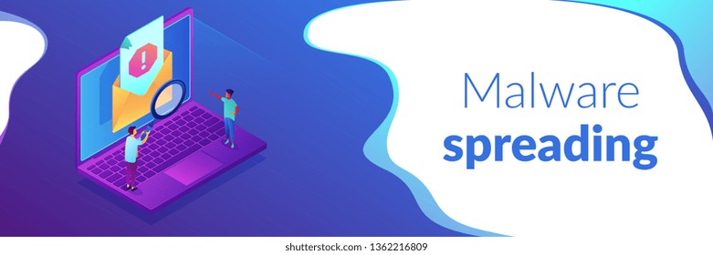 Tiny people businessmen with magnifier get advertising, malware unsolicited messages. Spam, unsolicited messages, malware spreading concept. Isometric 3D banner header template copy space.