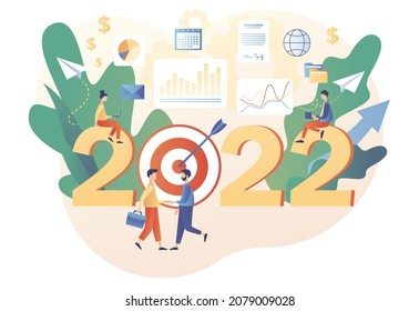 Tiny people businessmen planning business big goals for 2022 next year. Leadership, achievement, vision, success. Modern flat cartoon style. Vector illustration on white background