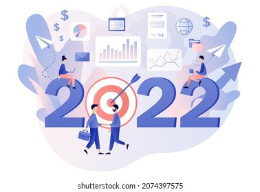 Pequeños empresarios planificando objetivos para el próximo año. Objetivo de negocios de Año Nuevo 2022. Liderazgo, logro, visión, éxito. Estilo moderno de dibujos animados planos. Ilustración del vector sobre fondo blanco