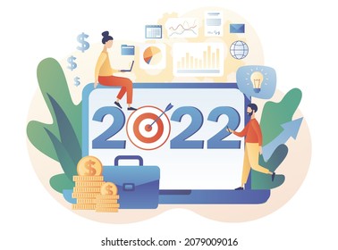 Kleine Geschäftsleute planen Ziele für nächstes Jahr online. Geschäftsziel 2022 Neujahr. Führung, Leistung, Vision, Erfolg. Moderner, flacher Cartoon-Stil. Vektorgrafik auf weißem Hintergrund