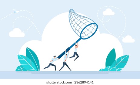 Tiny people with butterfly net. People catch business idea. Cartoon flat businessman team characters with butterfly net catching idea, teamwork in starting new project. Vector flat illustration. 