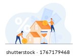 Tiny people buying house in debt isolated flat vector illustration. Abstract young couple investing money in property. Mortgage loan, ownership and savings concept