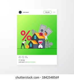 Tiny people buying house in debt isolated flat vector illustration. Abstract young couple investing money in property. Mortgage loan, ownership and savings concept
