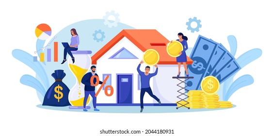 Tiny People Buying House In Debt. People Investing Money In Property. Mortgage Loan, Ownership And Savings. Home Is Like A Piggy Bank. Real Estate Investment, House Purchase. Vector Illustration