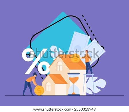 Tiny people buying house in debt isolated flat vector illustration. Abstract young couple investing money in property. Mortgage loan, ownership and savings concept