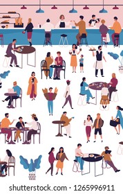 Tiny people at cafe, coffeehouse or espresso bar. Men and women sitting at tables, drinking coffee or tea, eating desserts and talking to each other. Vector illustration in flat cartoon style.