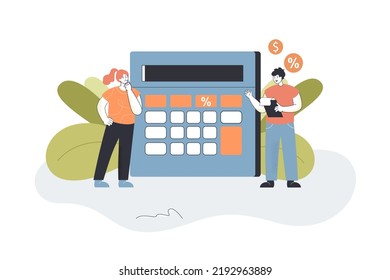 Tiny people calculating interest fee, vat refund. Man and woman with calculator flat vector illustration. Finance analysis and management concept for banner, website design or landing web page