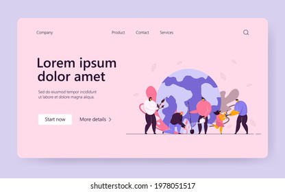 Tiny people caring Earth ecology flat vector illustration. Cartoon girl, men and women near planet watering green plants. Environment protecting and conservation concept