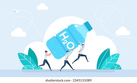 Tiny people carry a bottle of clean water in their hands. Water delivery service concept. Business illustration of courier service. Vector illustration.