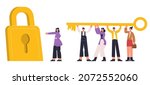 Tiny people carry giant golden key, success teamwork. Business characters hold golden key, unlock new opportunities vector illustration. Teamwork cooperation. Business people character with lock