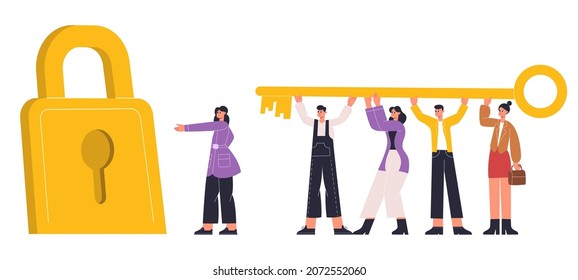 Tiny people carry giant golden key, success teamwork. Business characters hold golden key, unlock new opportunities vector illustration. Teamwork cooperation. Business people character with lock