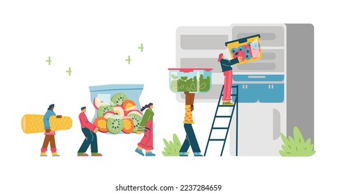 Tiny people carry huge containers of food and put it in fridge flat style, vector illustration isolated on white background. Fresh food, freezing and storage, lifestyle