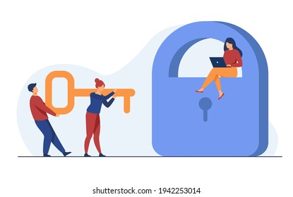 Tiny people carrying key to open padlock. Password, laptop, confidential flat vector illustration. Security and protection concept for banner, website design or landing web page