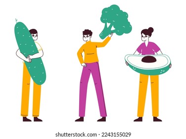 Tiny people carrying vegetables. Small characters with vegetarian healthy food, huge cucumber, avocado and broccoli flat vector illustration on white background