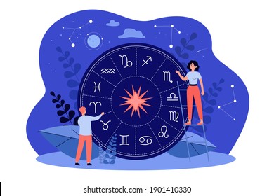 Tiny people casting horoscope, studying zodiac signs or ancient calendar, creating natal chart against stars and constellations on night sky. Vector illustration for astronomy, astrology concept