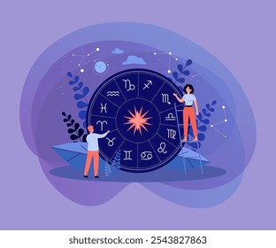 Tiny people casting horoscope, studying zodiac signs or ancient calendar, creating natal chart against stars and constellations on night sky. Vector illustration for astronomy, astrology concept