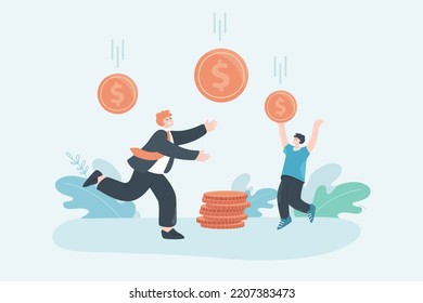 Kleine Leute fangen Münzen von der Himmel flach Vektorgrafik. Arbeitnehmer, die Geld verdienen. Wealth, Banking, Success, Economy-Konzept für Banner, Website-Design oder Landing-Webseite