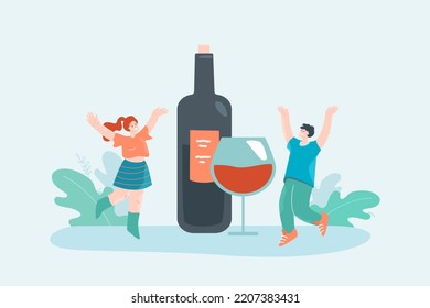 Tiny people celebrating and drinking wine. Happy friends spending time together and relaxing flat vector illustration. Greeting, enjoyment concept for banner, website design or landing web page