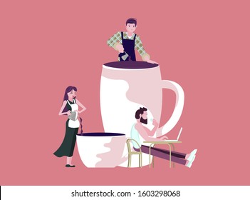 Tiny people Character and coffee shop concept. Office Lunch Time metaphor. Barista making coffee, office managers  with cups. Flat Art Vector Illustration
