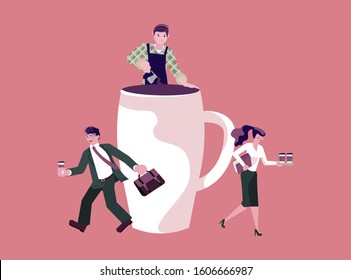 Tiny people Character and coffee shop concept. Office Lunch Time metaphor. Barista making coffee, office managers  with cups. Flat Art Vector Illustration