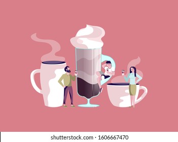 Tiny people Character and coffee shop concept. Office Lunch Time metaphor. Barista making coffee, office managers  with cups. Flat Art Vector Illustration