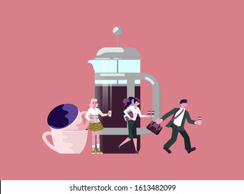 Tiny people Character and coffee shop concept. Office Lunch Time metaphor. Barista making coffee, office managers with cups. Flat Art Vector Illustration