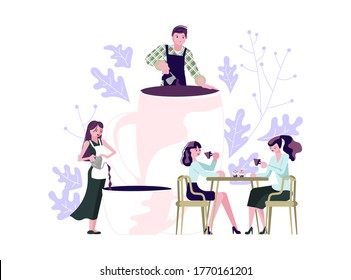 Personaje y concepto de cafetería para gente pequeña. Metáfora del almuerzo de oficina. Barista haciendo café, gerentes de oficina con tazas. Ilustración de vectores de arte plano