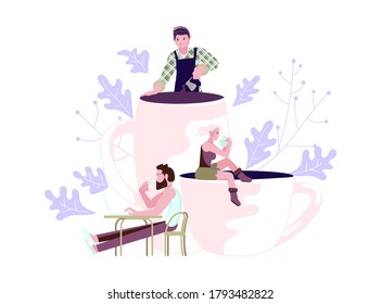 Tiny people Character and coffee shop concept. Office Lunch Time metaphor. Barista making coffee, office managers with cups. Flat Art Vector Illustration