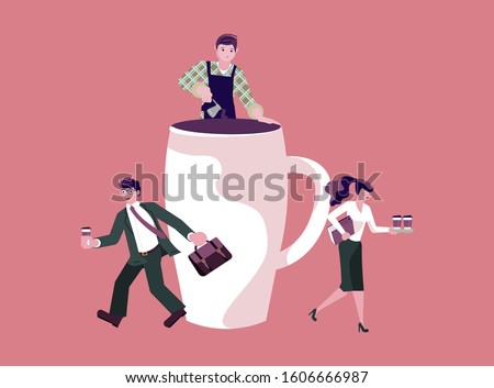 Tiny people Character and coffee shop concept. Office Lunch Time metaphor. Barista making coffee, office managers  with cups. Flat Art Vector Illustration