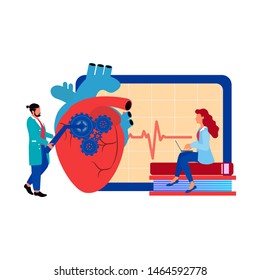 Tiny People Character Concept. Doctors are examining the heart. Concept of medical examination of the heart. Vector illustration can use for banner, background, card and web landing page