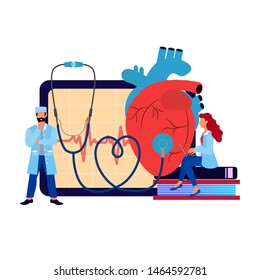 Tiny People Character Concept. Doctors are examining the heart. Concept of medical examination of the heart. Vector illustration can use for banner, background, card  and web landing page