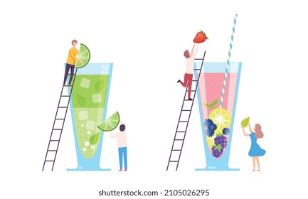 Tiny People Character Making Cocktail Putting Ingredients Into Huge Glass with Ladder Vector Set