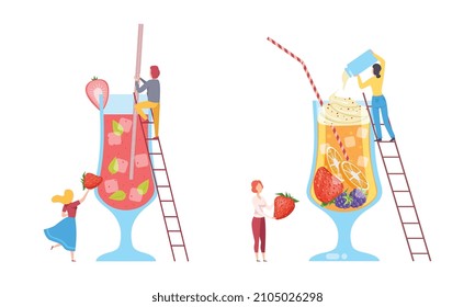 Tiny People Character Making Cocktail Putting Ingredients Into Huge Glass with Ladder Vector Set