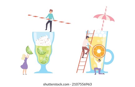 Tiny People Character Making Cocktail Putting Ingredients Into Huge Glass with Ladder Vector Set