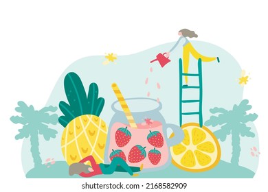 Tiny People Character Making Cocktail. Putting Ingredients Into Huge Glass. Vector illustration. Cartoon cute characters doing fruit beverage with strawberry. Summer beverages and drinks concept