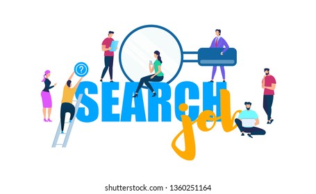 Tiny People Characters Around of Big Blue and Yellow Words Search Job Isolated on White Background. Young Men and Women with Magnifier, Gadgets, Laptop. Climbing Guy. Cartoon Flat Vector Illustration.