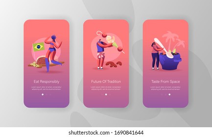 Tiny People Characters Cooking and Eating Typical Brazil Dishes Mobile App Page Onboard Screen Template. Brazilian Cuisine Fried Shrimps and Feijoada Pork Soup Concept. Cartoon Vector Illustration