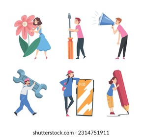 Tiny People Characters Holding Huge Objects Vector Set