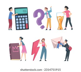Tiny People Characters Holding Huge Objects Vector Set