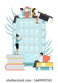 Tiny people characters knowledge learning educated concept. Education, school, university set of books, cups vector illustration. Personal growth degree using book research and literature educating