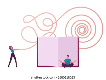 Tiny People Characters Philosophy Thinking. Man Sitting in Lotus Posture Meditating front of Huge Book. Woman Unravel Tangled Thoughts Tangle, Contemplation and Reflection. Cartoon Vector Illustration