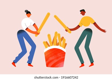 Tiny people characters playing with french fries potato, holding potato sticks as swords. Vector illustration, Female and male cartoon characters, fast food meal