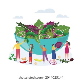 Tiny people characters standing next to bowl with fresh vegetable salad, flat vector illustration isolated on white background. Vegetarian organic green food.