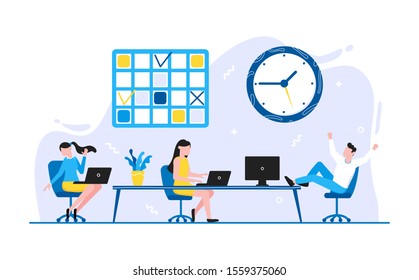 Tiny people characters working together with calendar schedule and fill out task on week schedule. Teamwork and time management concept flat style design vector illustration isolated white background.